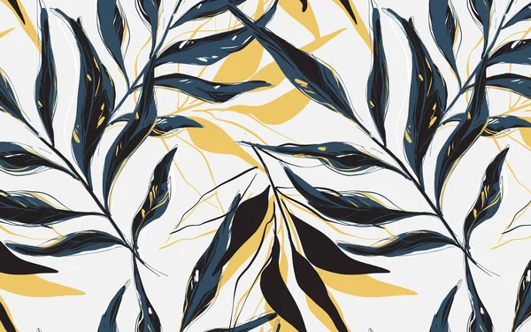 Летний тропический узор, векторные пальмы банановые листья рисунок с контурными линиями на белом фоне. Фон с растениями джунглей. Конструкция — стоковый вектор