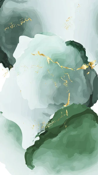 Vektorová akvarel se proudění tekutin v zelených barvách se zlatými třpyty. Vektorový kontrast alkohol grunge abstraktní pozadí. Šablona návrhu Benner — Stockový vektor