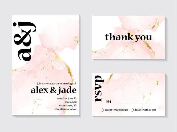 婚礼玫瑰金邀请概念和卡模板设计与彩绘画布粉红色和金箔在豪华柔和的风格矢量插图 — 图库矢量图片