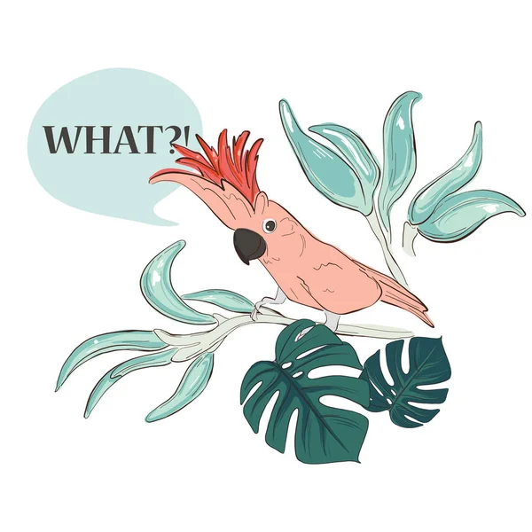 Färgglada papegoja med typografiska citat och djungel handritade blad. Modern paradis illustration med fågel, löv, blommor. Exotisk botanisk skiss konst — Stock vektor