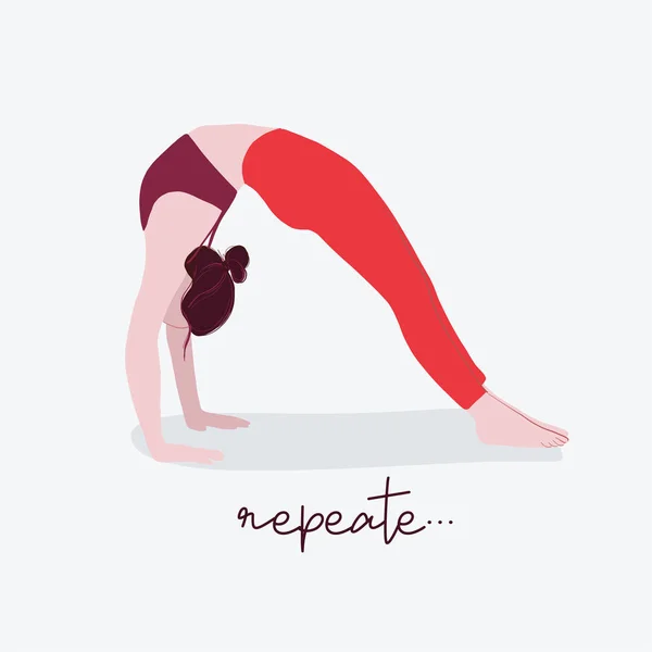 Illustration de yoga femme avec typographie. Illustration plate citation de sport féminin. Exercice activité méditation respiration pose. Personne démontrant diverses positions de yoga Illustrati vecteur plat coloré — Image vectorielle