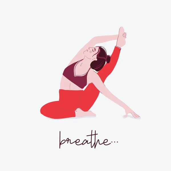 Kvinna yoga uppsättning typografi. Platt illustration kvinnlig sport citat. Motion aktivitet meditation andas pose. Person som demonstrerar olika yoga positioner färgglada platt vektor illustration med text. — Stock vektor