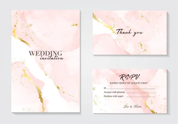 Vector wedding invitation set with liguid fluis background. Rose gold foil marble decoration luxury design. Grunge alcohol ink texture — Stock Vector