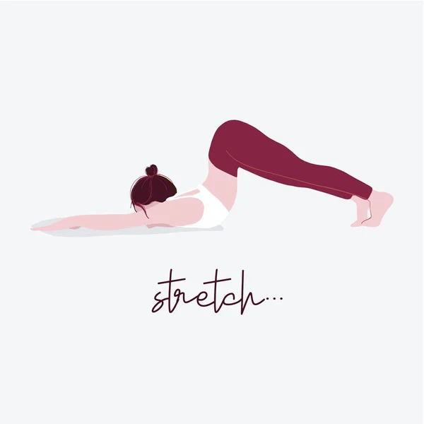 Illustration de yoga femme avec typographie Stretch. Illustration plate citation de sport féminin. Exercice activité pose. Personne démontrant diverses positions de yoga Dessin vectoriel plat coloré avec texte . — Image vectorielle