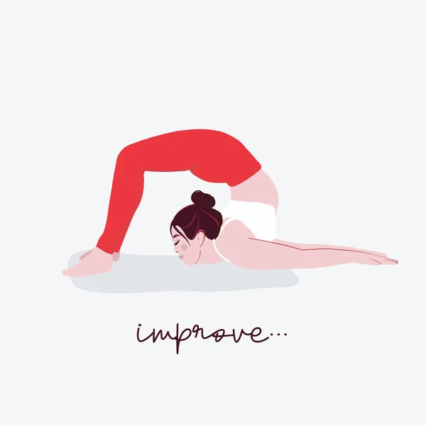 Illustration de yoga femme avec typographie Améliorer. Illustration plate citation de sport féminin. Exercice activité pose. Personne démontrant diverses positions de yoga Dessin vectoriel plat coloré avec texte . — Image vectorielle