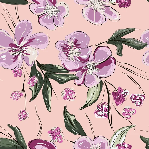 Flores de rosa tierna violeta. Dibujo dibujado a mano de arte botánico. Salpicaduras de flores dinámicas. Fondo de planta de verano, estilo vintage pastel — Vector de stock