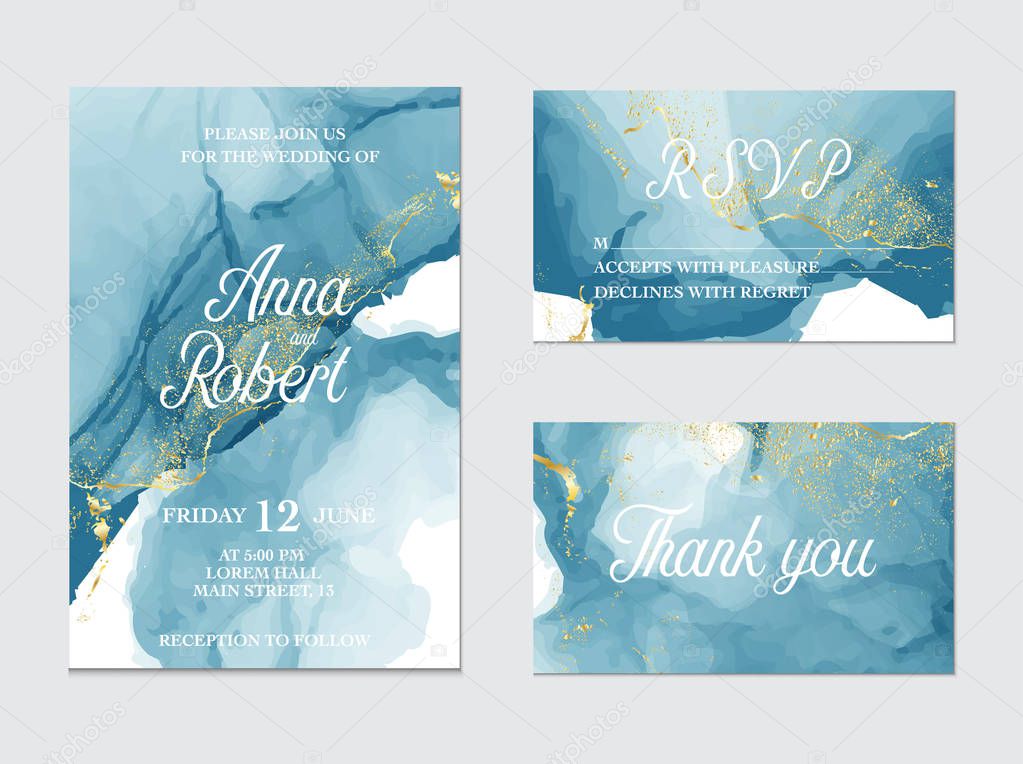 Marble Modern texture in blue color. Alcohol ink splash with isolated gold foil dots. Trendy pastel  advertising  poster design. Liquid flow art.