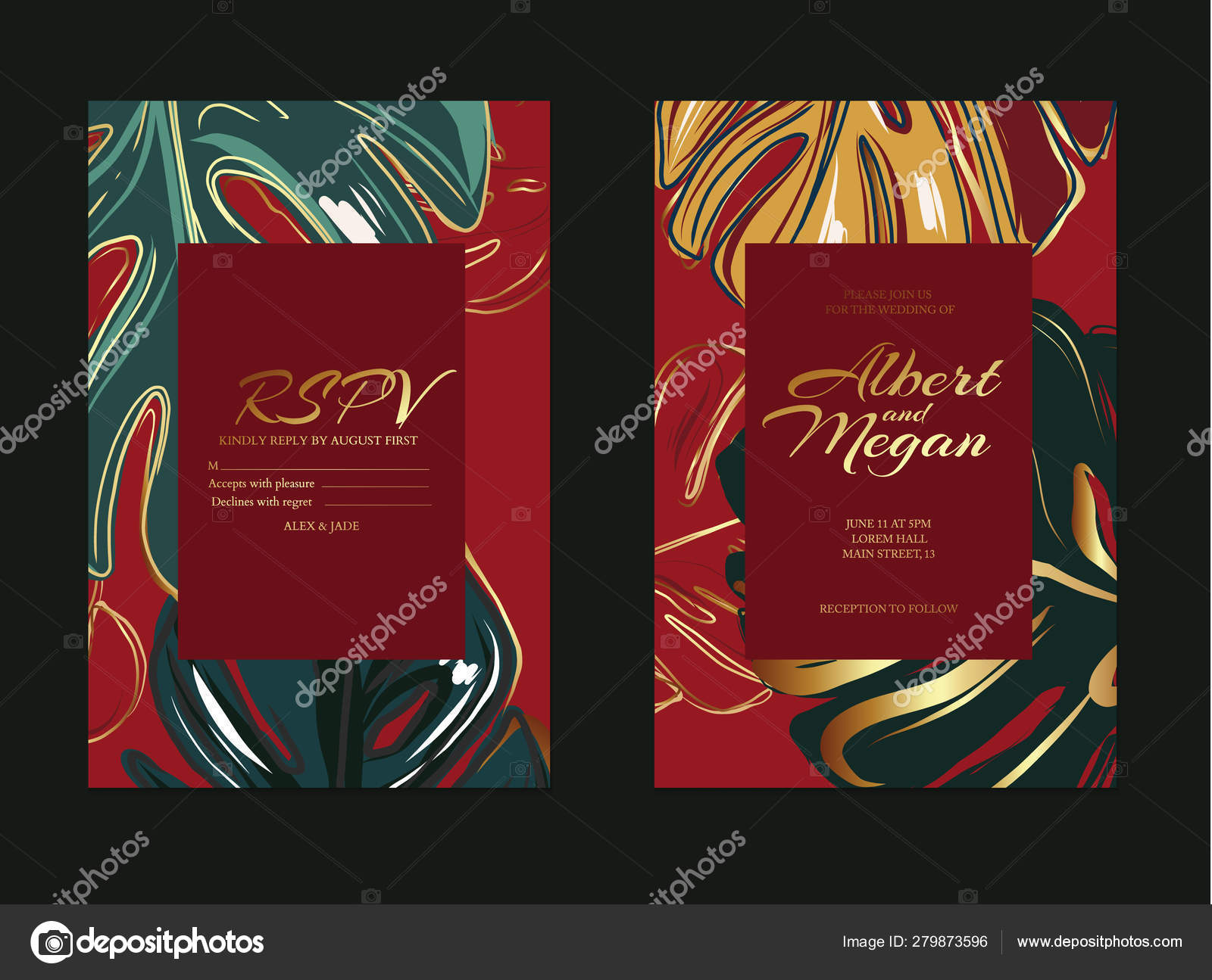 Red wedding card with palm leaves in green gold colors. Vector invitation  card template design, leaves with flowers with hand drawn doodle graphics  on red background golden tones Stock Vector Image by ©