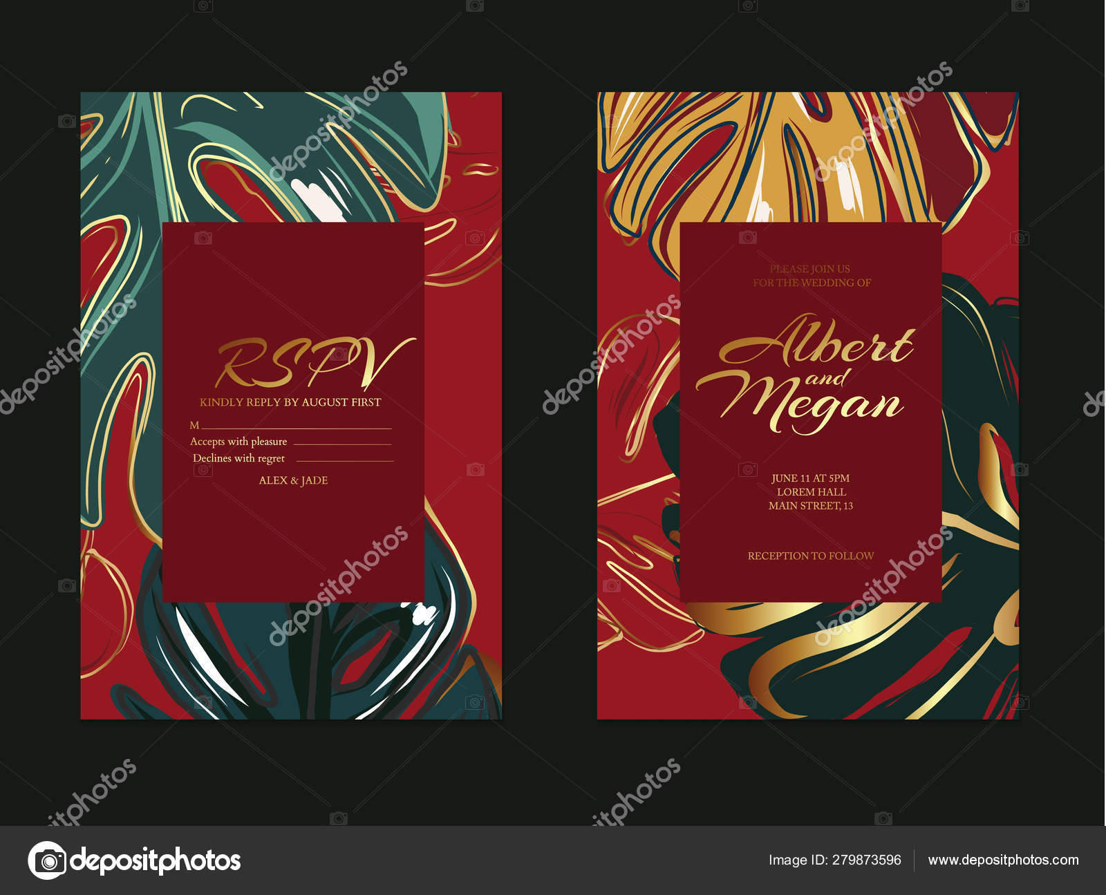 Red Wedding Card With Palm Leaves In Green Gold Colors Vector Invitation Card Template Design Leaves With Flowers With Hand Drawn Doodle Graphics On Red Background Golden Tones Stock Vector Image By C