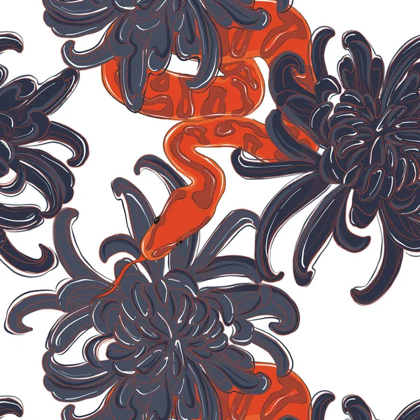 Зміїний і квітковий візерунок. Контрастна червона змія та хризантема. Безшовний дизайн тканини. Екзотичні джунглі природа сучасне мистецтво — стоковий вектор