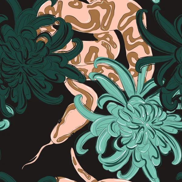 Cobra e flores coral padrão verde. Contraste a cobra bege de hortelã e o crisântemo isolados sobre fundo preto. Design de tecido sem costura. Natureza exótica da selva arte contemporânea — Vetor de Stock