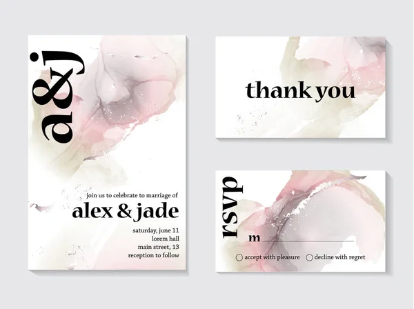 Abstract vector marble fluid in holographic pink  gray colors. Watercolor paint texture with wedding invitation text, thank you card and rsvp design template. — Stock Vector