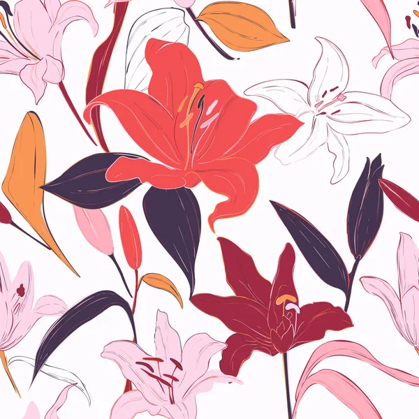 赤いユリ手描きの背景。ベクター夏の花、孤立した植物学のパターン。庭の花の生地、花のラッピングペーパーの威厳。葉と花びらが咲くグラフィック. — ストックベクタ