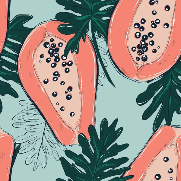 Vektorkorallen große Papaya Frucht Zeichnung. Sommer nahtlosen tropischen Stoff Dessert. exotisches Paradies Essen, botanische Textur. Kontrast vegetarischer Print mit Blättern. — Stockvektor