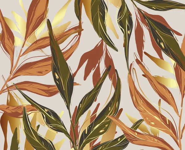 Современные пальмовые листья, золото, зеленый, оранжевый листва ржавчины шаблон, художественный дизайн обложки, красочные текстуры, современные фоны. Вектор роскоши — стоковый вектор