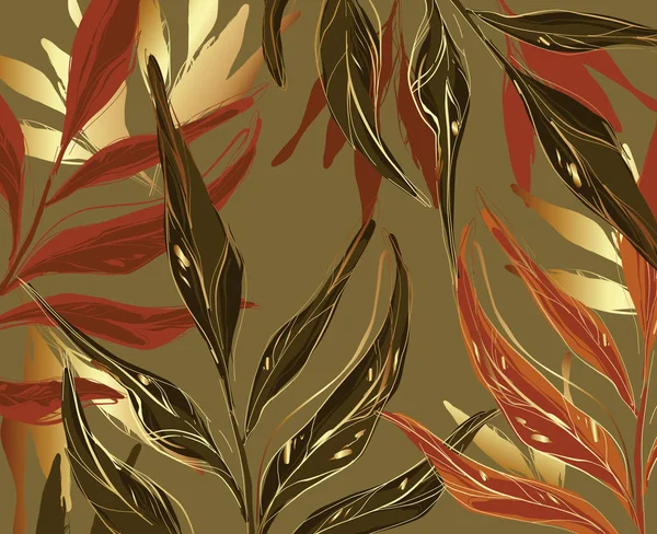 Palma floral e folha de ouro sem costura padrão, ferrugem rústica folha dividida. Planta de selva tropical no fundo verde, desenho de tinta de arte de linha. Desenho de folhagem — Vetor de Stock