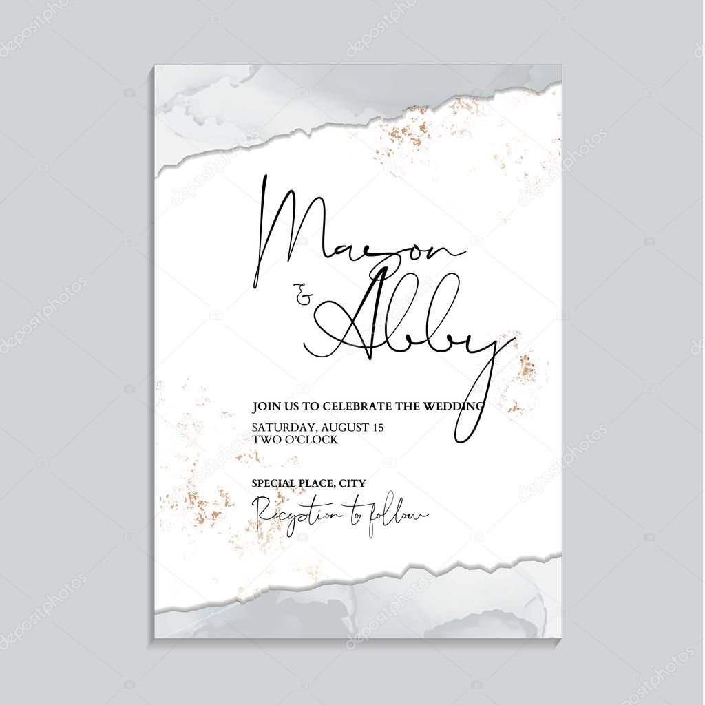 Wedding grey invitation cards with Luxury gold and soft marble texture background and Abstract soft liquid style vector design template