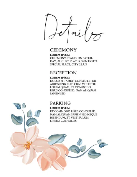Verde dibujado a mano rosa saludo tarjeta de invitación plantilla de diseño, magnolia rosa magnolia flores con corona botánica. Diseño de vector de boda — Archivo Imágenes Vectoriales