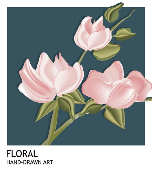 Plantilla botánica dibujada a mano, flores rosadas y hojas sobre fondo marino, estilo vintage minimalista. Ilustración suave tierna — Archivo Imágenes Vectoriales