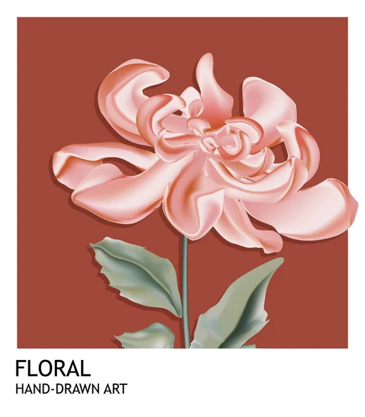 Botanic crizantemă trasă manual și frunze de design șablon de carte, frunziș de flori roz pe fundal roșu, stil minimalist vintage — Vector de stoc