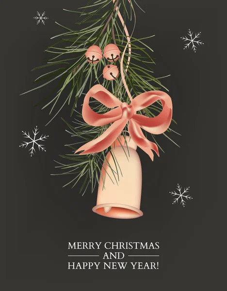 Рождественская открытка с сосновой ветвью, золотыми звездами и рукописным поздравлением. Новогоднее оформление для рекламы, плаката, приглашений, обоев, текстиля, типографии — стоковый вектор