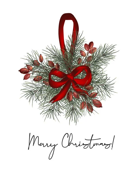 Зимний сосновый шар с красным луком и ягодами Рождественская открытка с типографикой. Новогоднее украшение, зимний сезон сосновые ветви, искусство ноэля в векторе — стоковый вектор