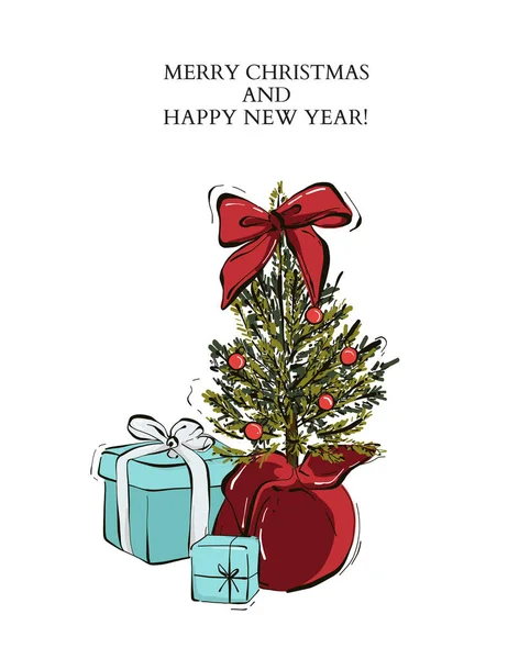 Весёлая рождественская открытка с подарком рядом с ёлкой вечнозеленой с мячами и бабочкой, поздравительная открытка с Новым годом. Векторный эскиз ручной работы. современный декор — стоковый вектор