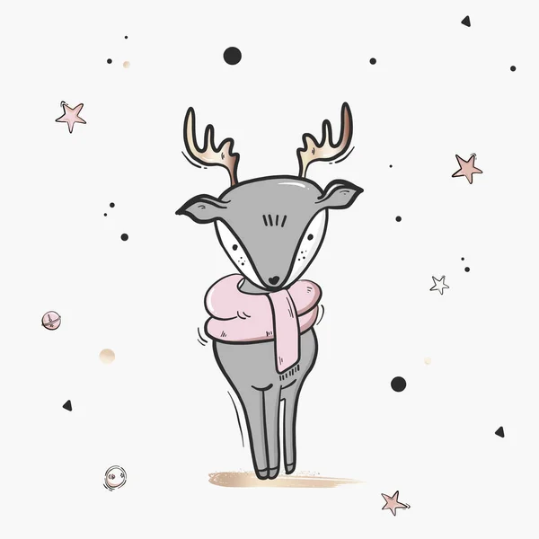 Dibujo de ilustración de dibujos animados lindo ciervo infantil. Estampado infantil, invierno creativo Navidad estilo escandinavo niños textura para tela, envoltura, textil, papel pintado, ropa. Ilustración vectorial — Vector de stock