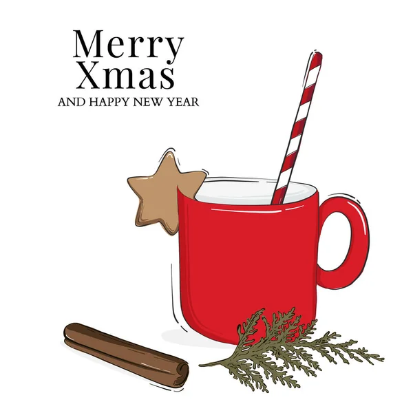 Рождественская чашка, горячий шоколад или кофейный напиток с трубкой, печенье и циннамон иллюстрации. Дизайн зимних праздников с капучино, сезонное поздравление — стоковый вектор