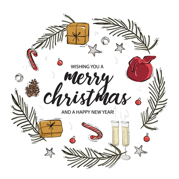 मेरी क्रिसमस और हैप्पी न्यू ईयर सर्किल अवधारणा। सुलेख, उपहार, देवदार शाखा, शैंपेन, सितारे, बाउल्स के साथ क्रिसमस ग्रीटिंग कार्ड। हस्तलिखित आधुनिक ब्रश अक्षर, तैयार डिजाइन तत्व — स्टॉक वेक्टर