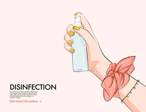 Desingección Desinfectante de manos, ilustración de moda mujer hnd celebración botella de aerosol, líquido de limpieza de higiene. Lugar seguro en el salón de belleza, cuidado personal, protección. Boceto vectorial — Vector de stock