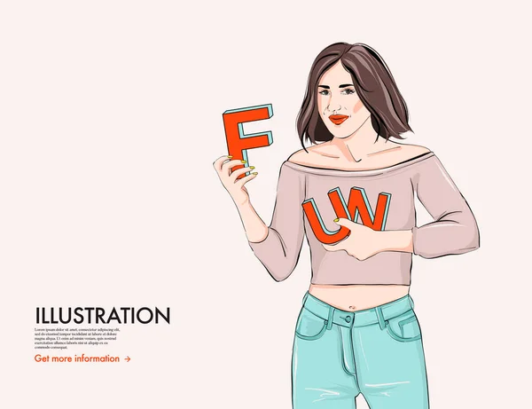 Szczęśliwa kobieta z zabawnymi literami, typografia słowo plakat projekt. Cartoon girl postać styl życia sztuka z cytatem marketingu. Koncepcja ludzi reklamy, pozytywny model, stylowy wektor ilustracji mody — Wektor stockowy