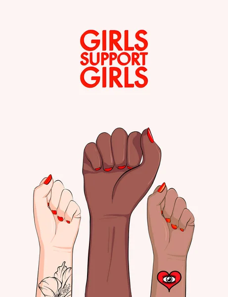 Meisjes Steunen Meisjes Vrouwen Arm Divercity Gelijkheid Poster Feministische Machtposter — Stockvector