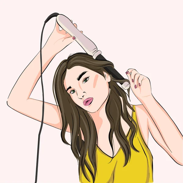 Cheveux Curling Femme Avec Fer Friser Fer Plat Illustration Coiffeur — Image vectorielle