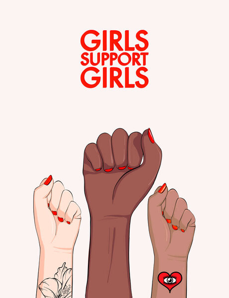 Girls Support Girls Woman Arm Divercity Equality Poster Feminist Power — Stock Vector