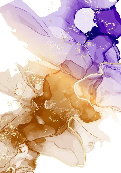 Акварельні абстрактні фіолетові чорнила, рідкий потік ізольовані на білому, модні контрастні алкогольні чорнила всесвітня палітра, гранжевий мазок сільський коричневий фіолетовий, золотий рум'яна вектор, смола мистецтво для гідроцитарних продуктів — стоковий вектор
