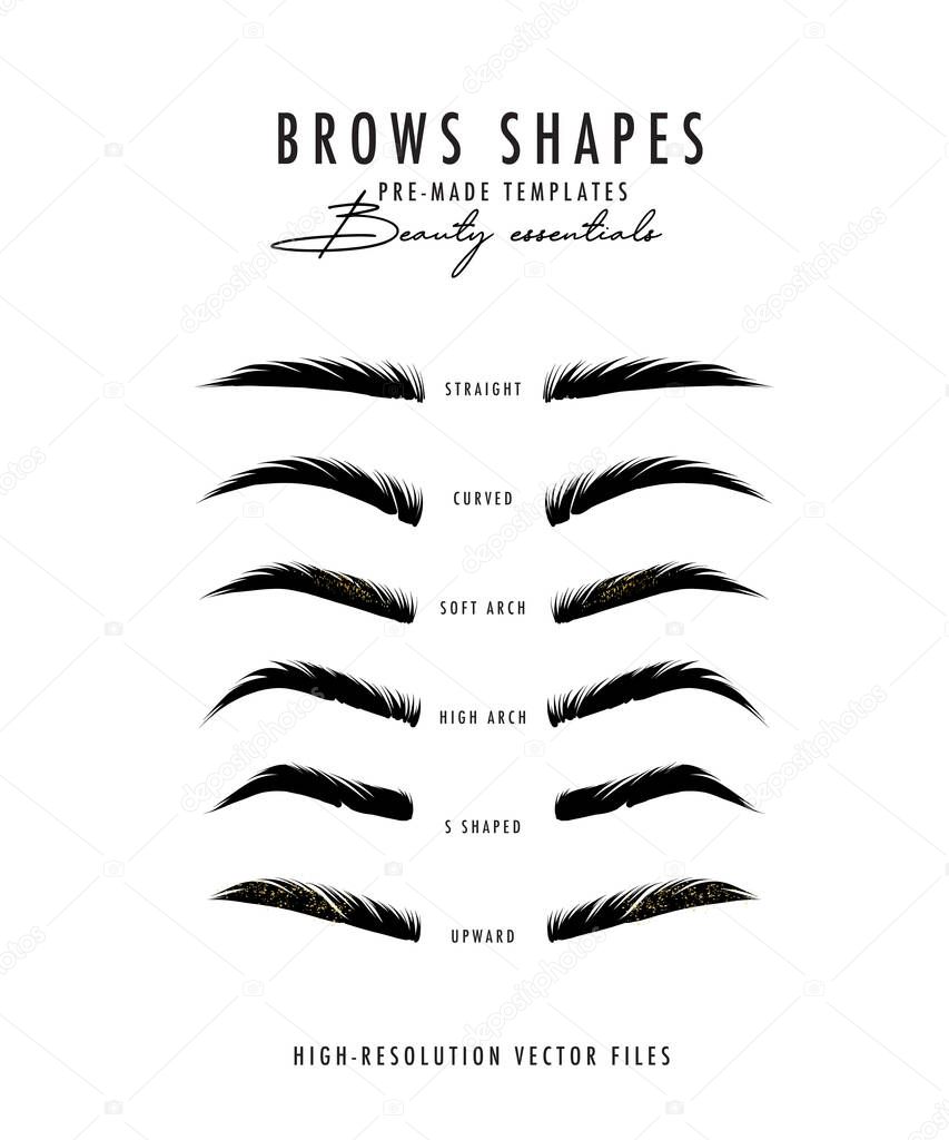 Brow bar poster, microblading eyebrows shapes realistic vector art. Beauty salon drawing, makeup artsit. Henna brows shapes poster, natural hair drawing in vector.
