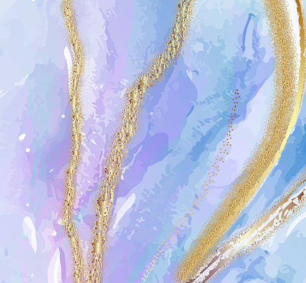Colore viola blu acquerello sottile cielo resina arte con scintille d'oro. Carta da parati di design in marmo pastello vettoriale. Pennello sottile disegno oceano — Vettoriale Stock