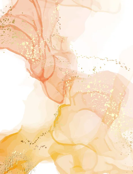 Abstract aquarel marmer vlek textuur. Pastel illustratie vintage design, neutrale warme kleuren inkt spetteren met digitale gouden glitters, glitters, vlekkerige elementen in vector — Stockvector