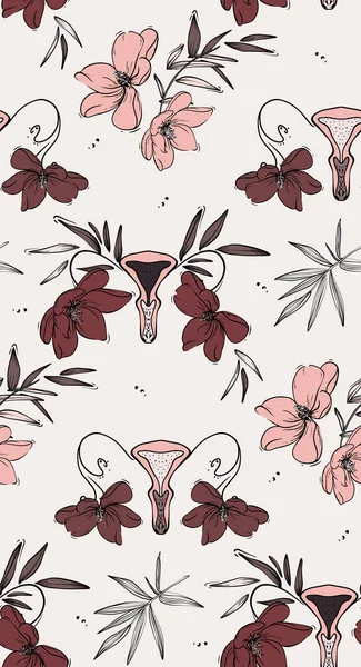 Floral vagina retro vloom pattern, seamless funny design. Cloth vulva texture , female organ erotic design. Summer tropical drawing, bouquet decoration — 스톡 벡터