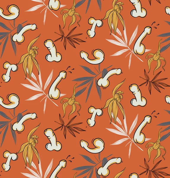 Floral penis funny seamlss pattern, vintage spring summer illustration male organ in flowers background. Tropical wallpaper leaf, nature repetition print, Retro fun graphic art — ストックベクタ