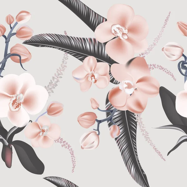 自然蘭とシームレスな背景デザインを残します。グレーピンク色の美しさの柔らかい花のプリント。野生の庭の花のデザイン。ベクトル — ストックベクタ