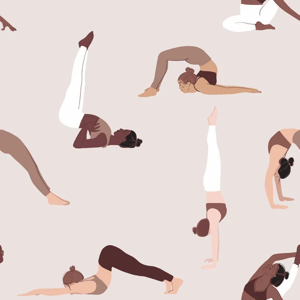 Yoga pose sem costura padrão, diversidade mulheres classe desportiva. Personagens rasos, grupo Indoor. Ilustração da atividade da mulher negra. Jovem fitness tema meditando, atividade pilates — Vetor de Stock