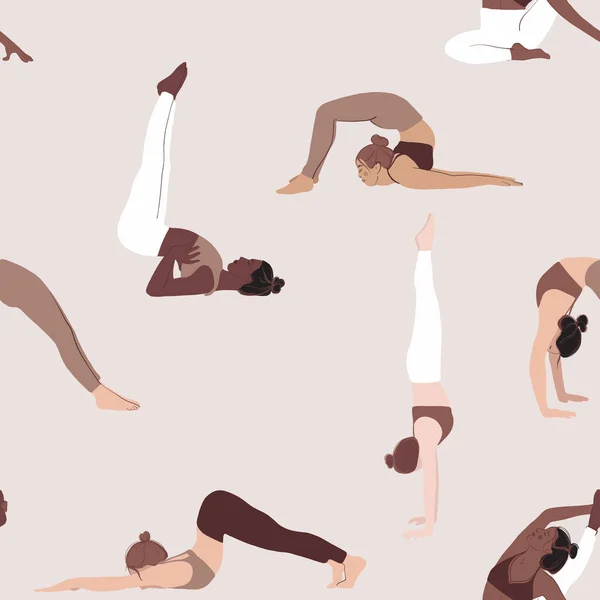 Yoga pose patrón sin costuras, diversidad de las mujeres clase de deporte. Personajes planos Poeple, grupo interior. Ilustración de actividad de mujer negra. Joven tema fitness meditando, actividad pilates — Vector de stock