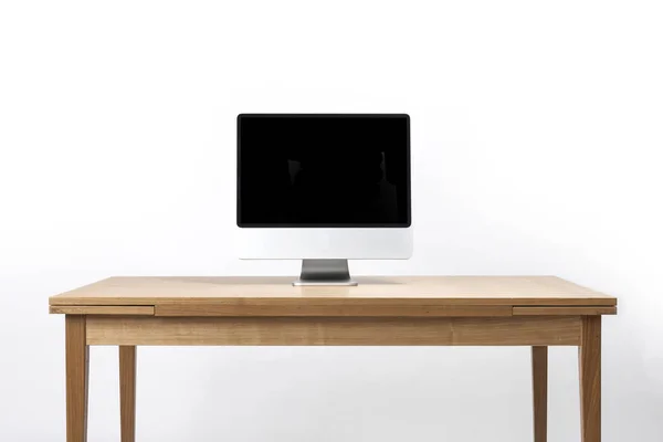 Wood Oak Table Computer Isolated White — Stock Photo, Image