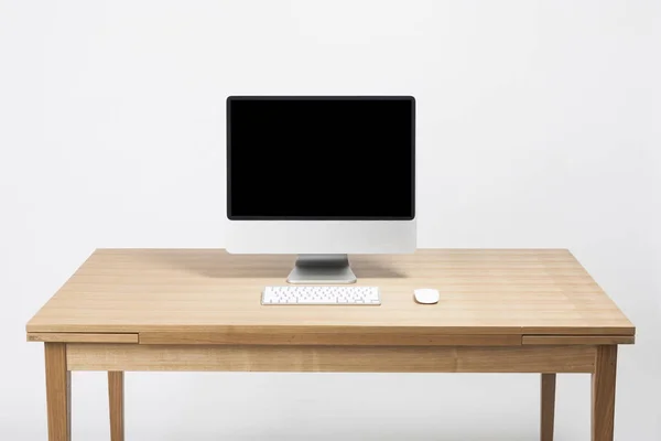 Computer Wood Table White Background — Stock Photo, Image
