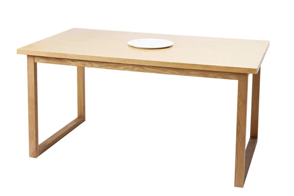 Plato Blanco Vacío Mesa Madera Aislado Sobre Fondo Blanco — Foto de Stock