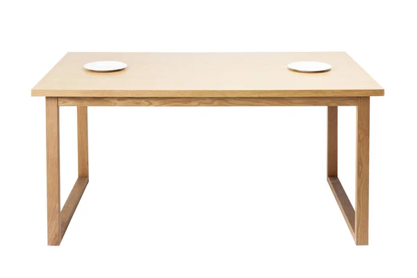Two White Empty Dishes Wood Table Isolated White Background — Stock Photo, Image