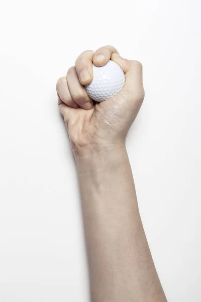 Mulher Mão Segurar Uma Bola Branca Fundo Branco — Fotografia de Stock