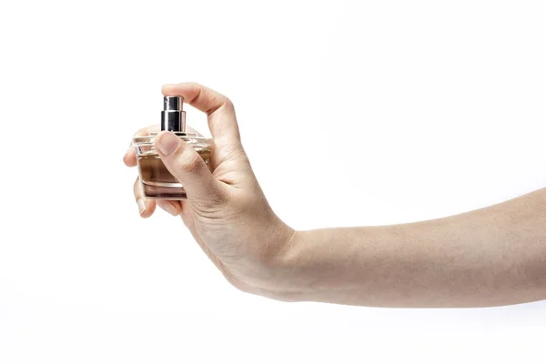 Femme Main Tenir Récipient Parfum Isolé Blanc — Photo